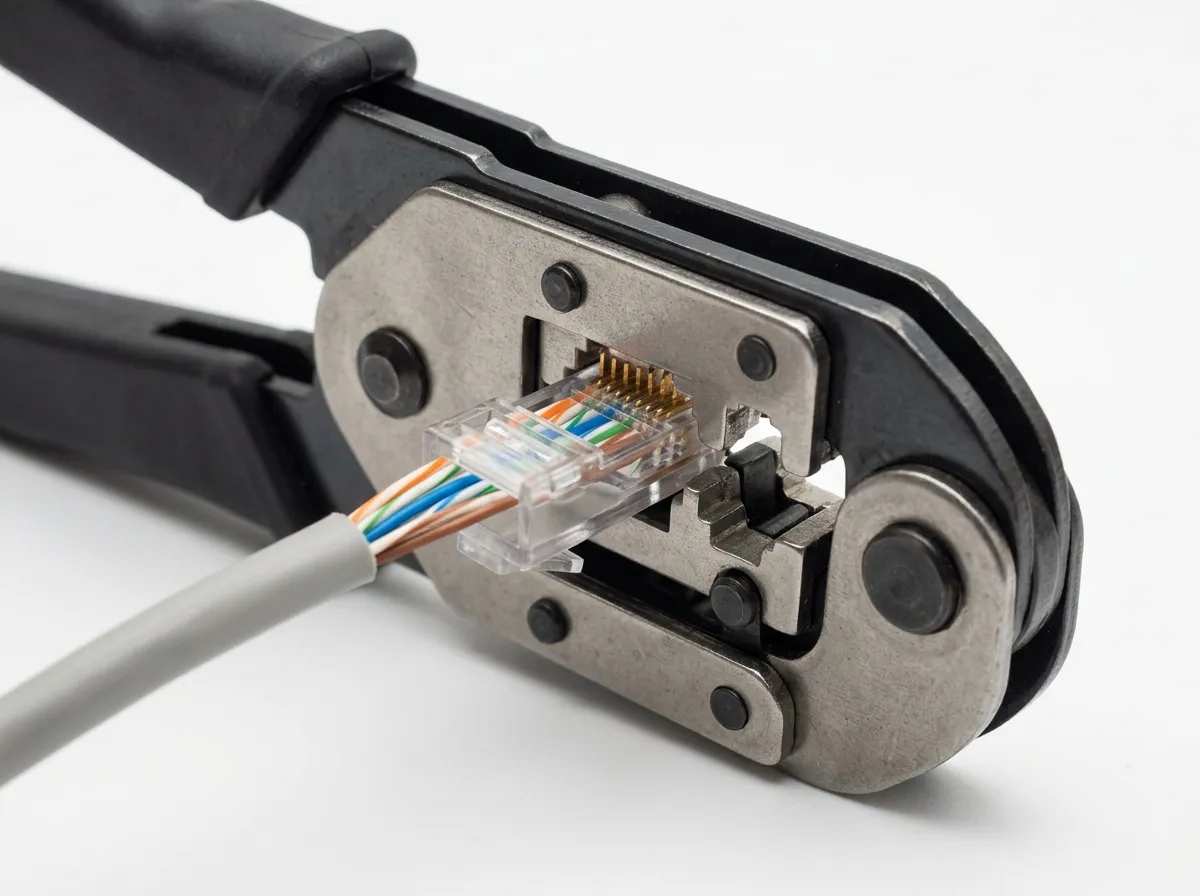 Crimper tool crimping an RJ45 plug onto a twisted-pair cable
