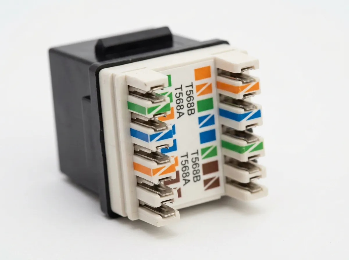 Rear of keystone jack with color-coded T568A and T568B terminal labels