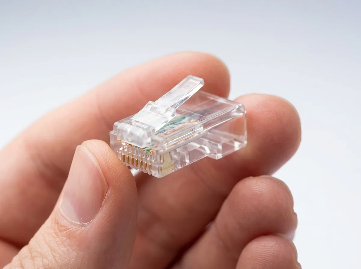 RJ45 8P8C plug with eight gold pins and locking clip tab