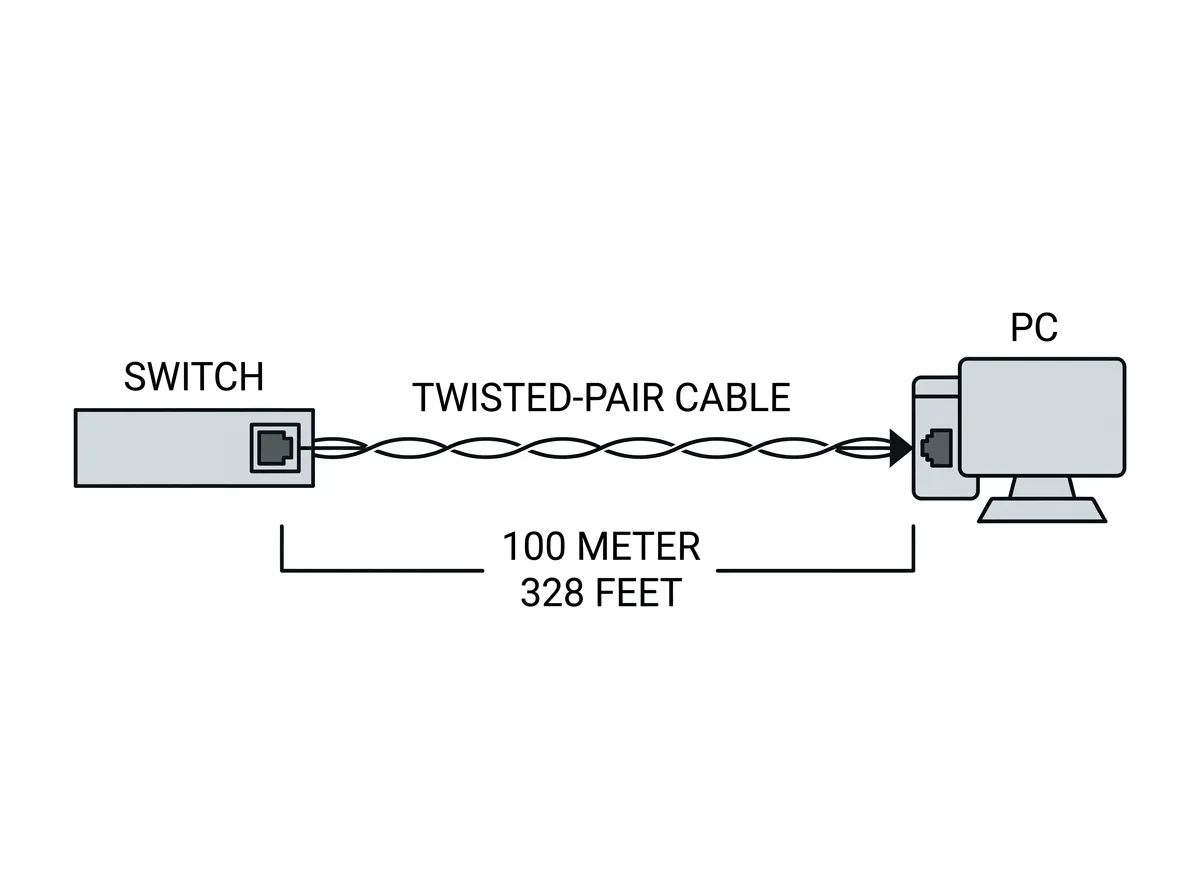 Switch to PC copper link labeled 100 meters maximum, 328 feet