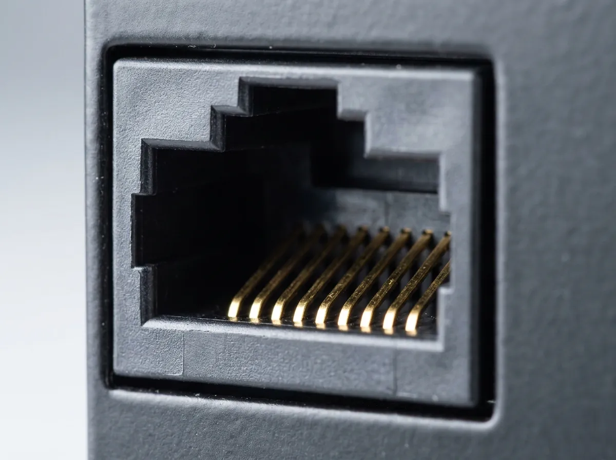 Single empty RJ45 Ethernet jack showing eight gold contacts and top keying notch
