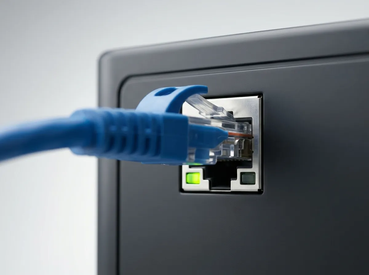 RJ45 port with cable plugged in and two corner LEDs, left one lit green