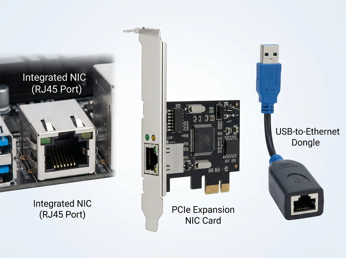 Integrated motherboard port, PCIe network card, and USB Ethernet adapter compared