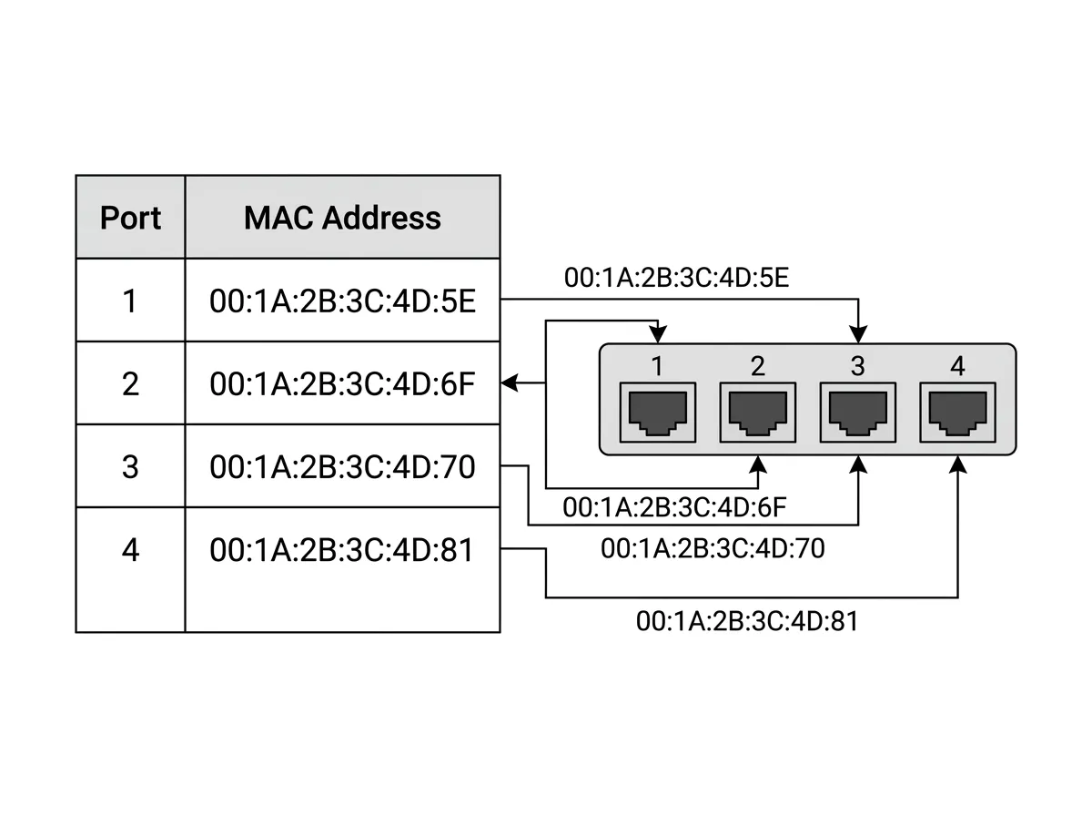 MAC address table mapping port numbers to learned MAC addresses