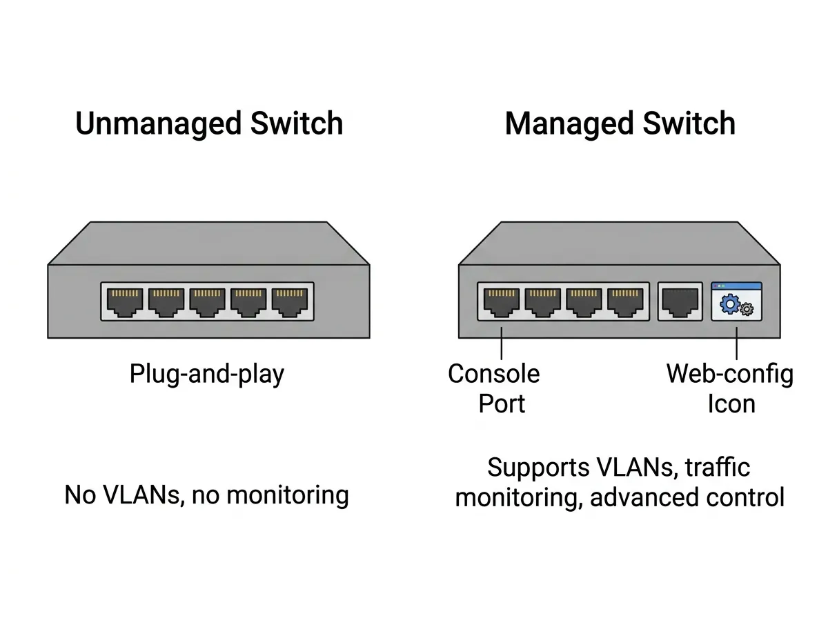 Unmanaged switch beside managed switch showing feature differences