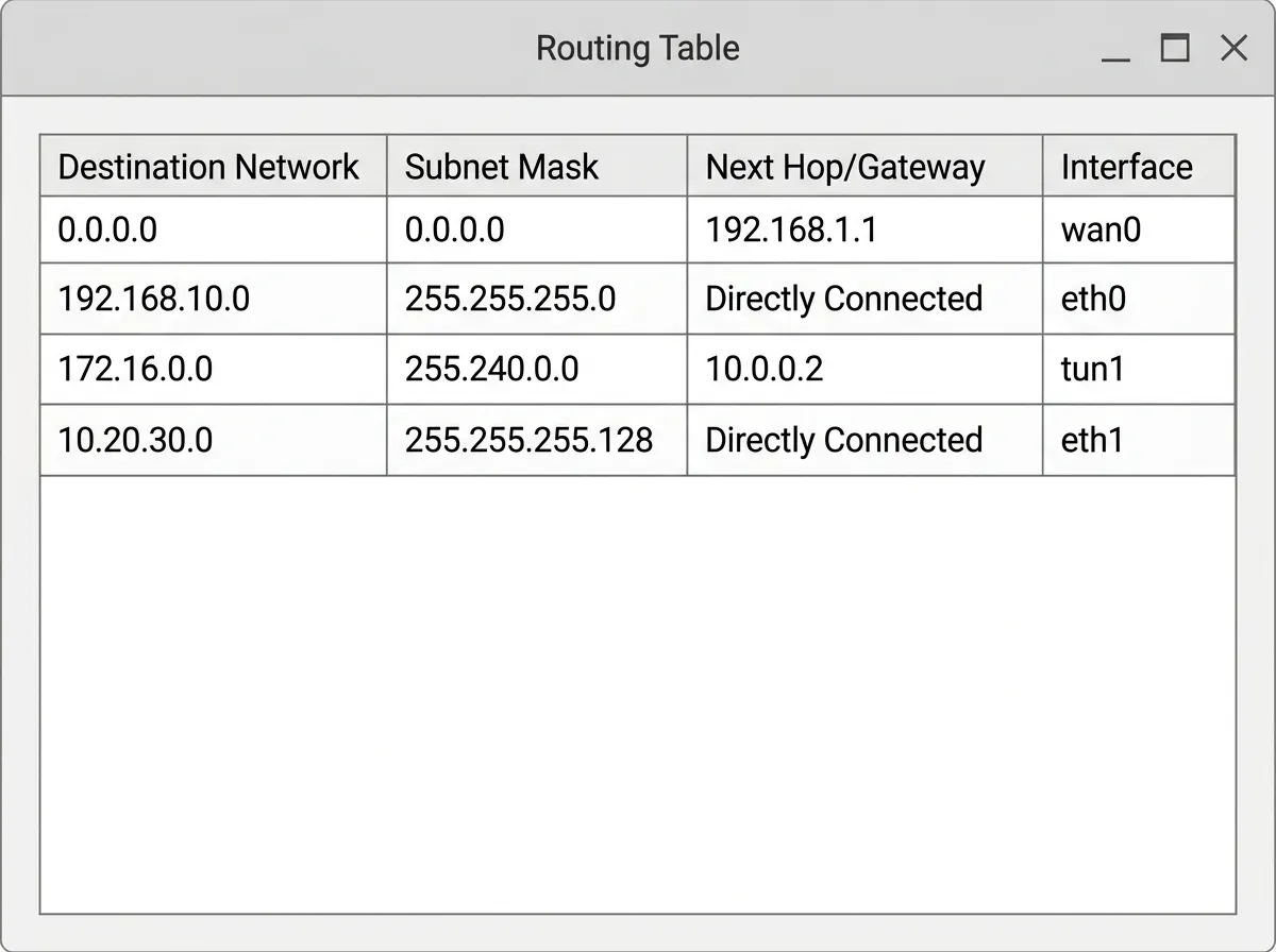 Routing table grid showing destination networks, masks, next hop, and interface columns