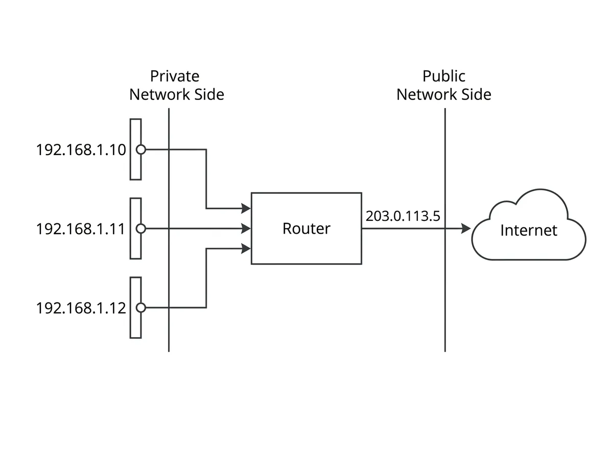 Three private IP hosts sharing one public IP through a router to the internet