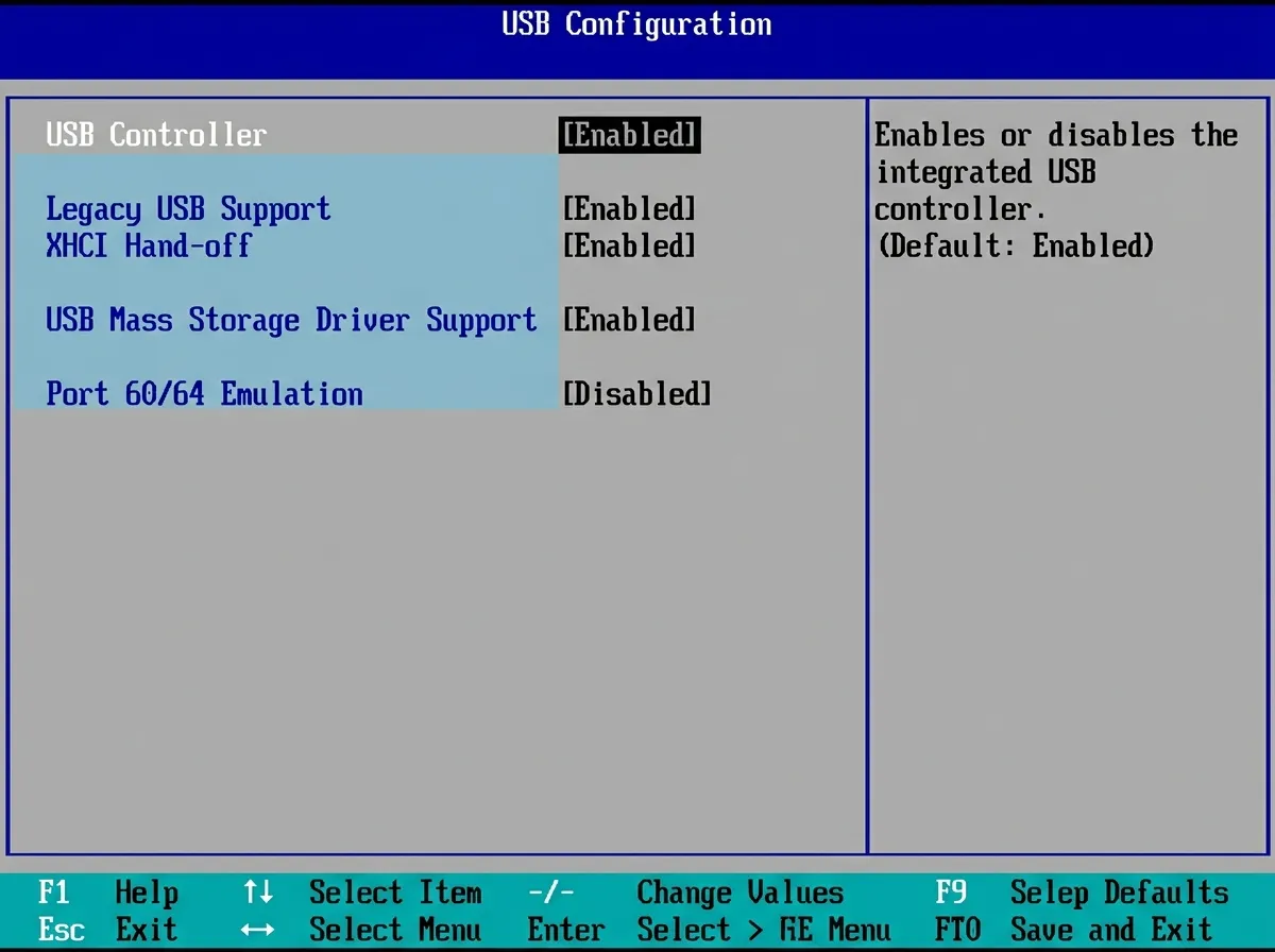 UEFI USB Configuration menu with controller and legacy USB support toggles