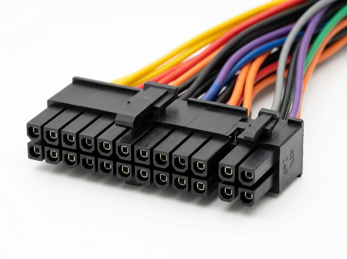 24-pin ATX power connector plug with two rows of pins and a side latch