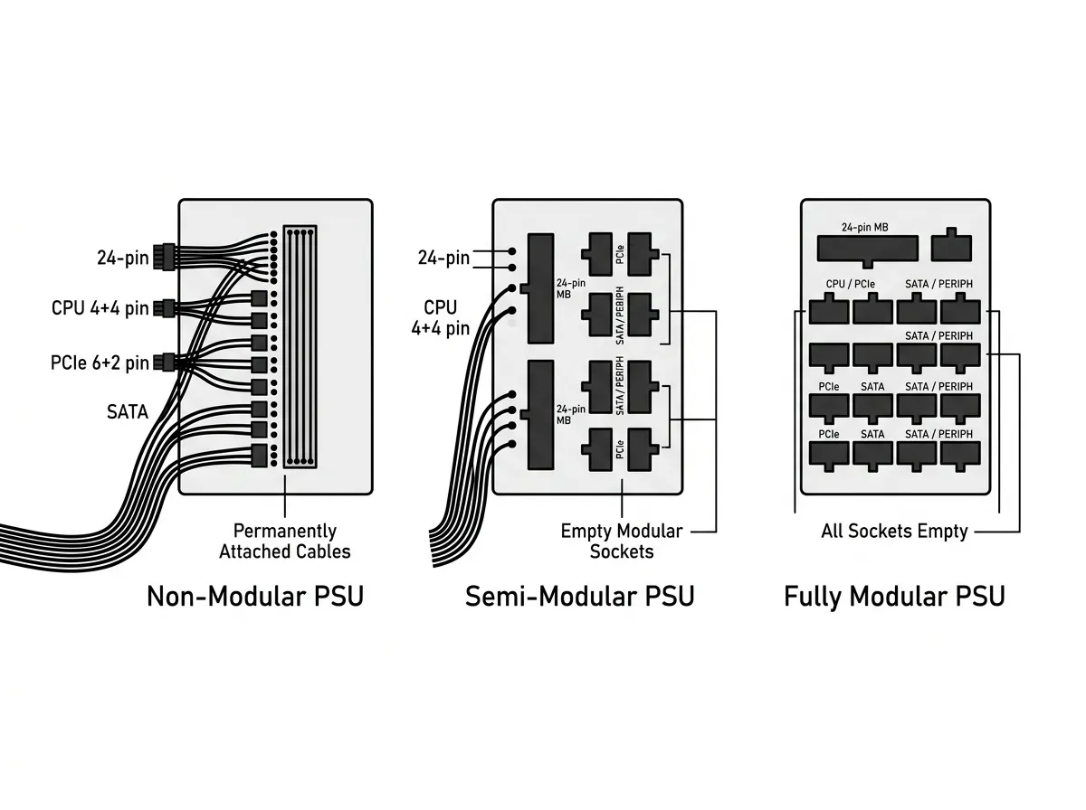 Comparison of non-modular, semi-modular, and fully modular power supplies