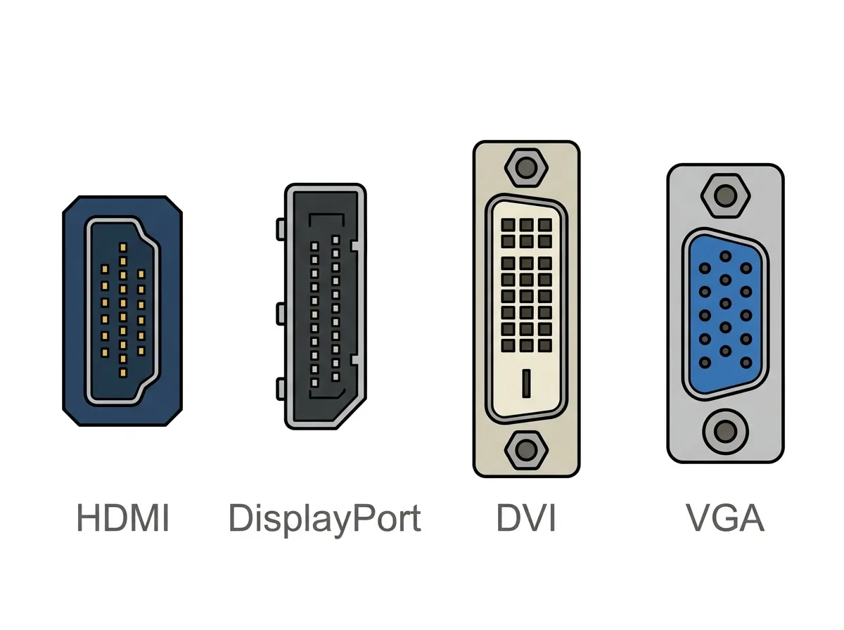HDMI, DisplayPort, DVI, and VGA connectors compared side by side with labels