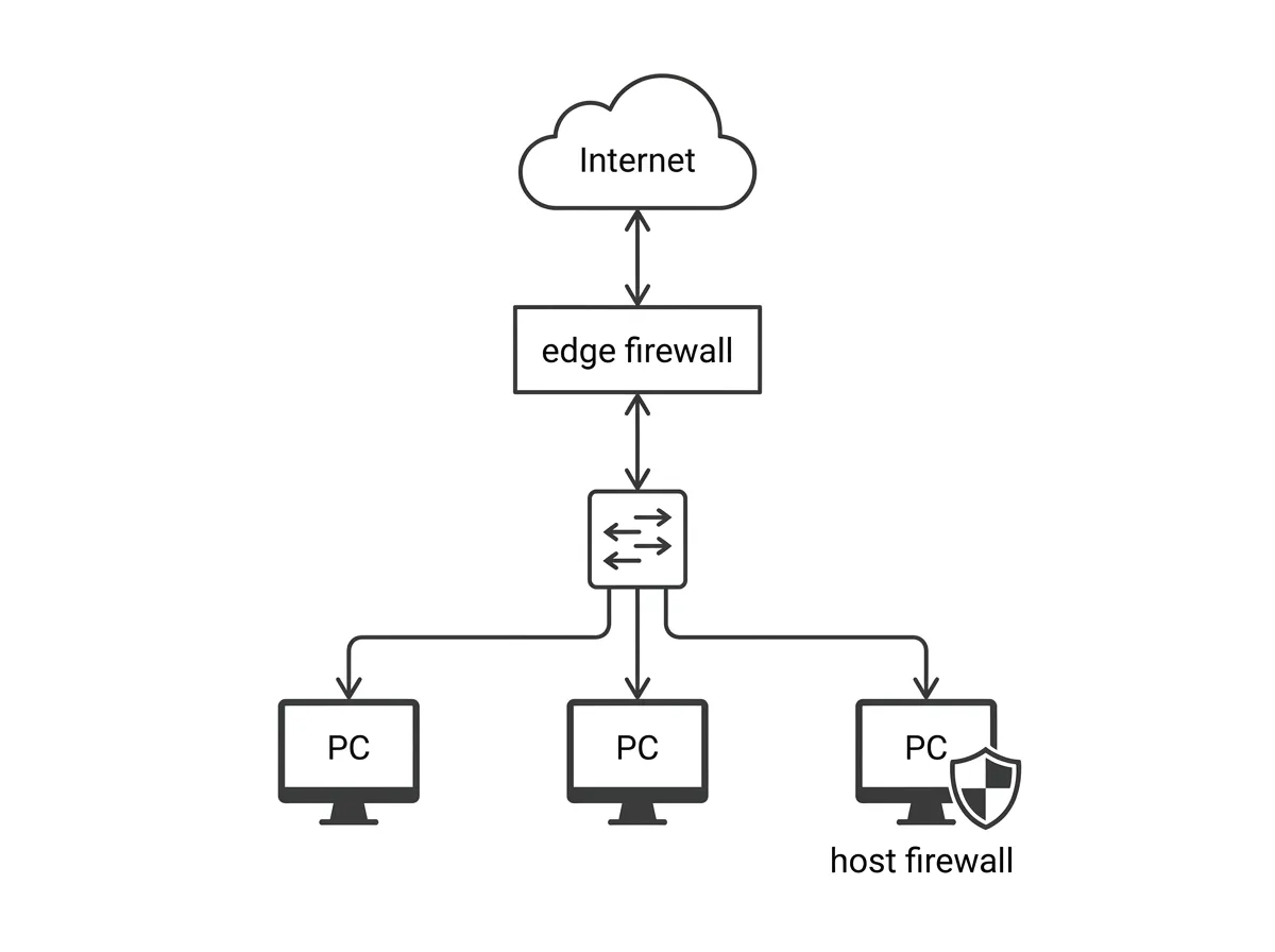 Edge firewall between internet and LAN switch, plus host firewall icon on one PC