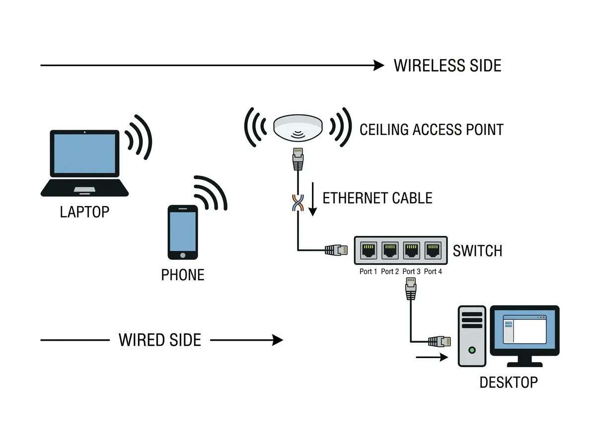 Wireless devices connect to an access point, which links by cable to a switch and wired PC