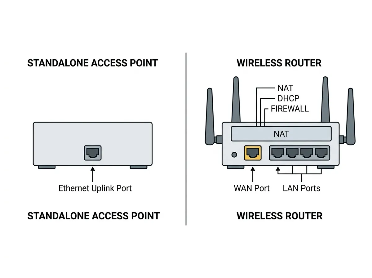 Comparison of a standalone access point with one port versus a wireless router with WAN and LAN ports