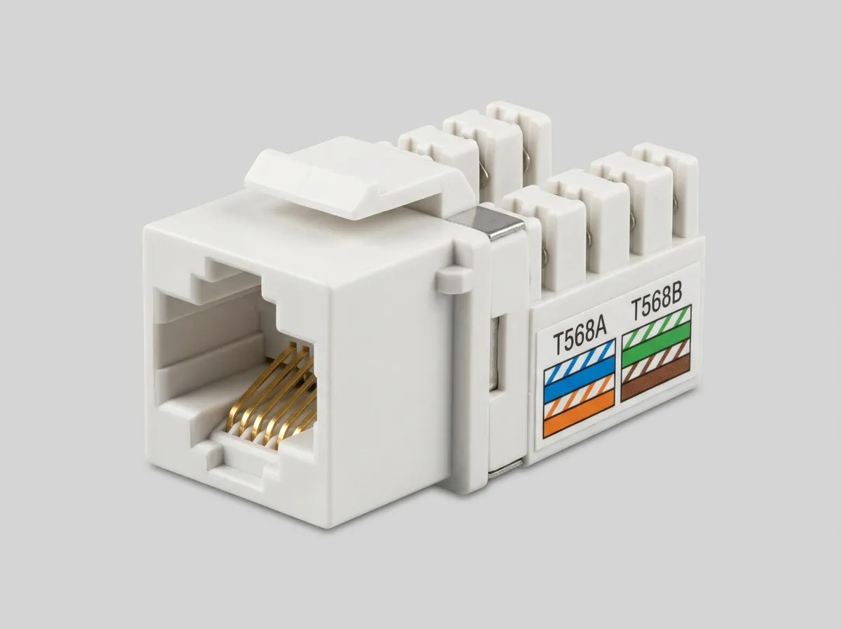 RJ45 keystone jack with front port and color-coded rear punchdown slots