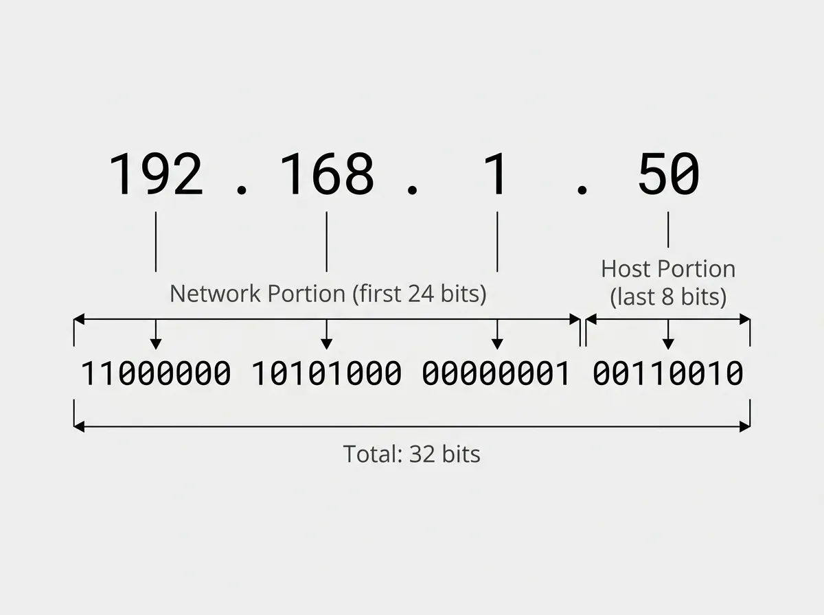 IPv4 address broken into four octets with binary below totaling 32 bits