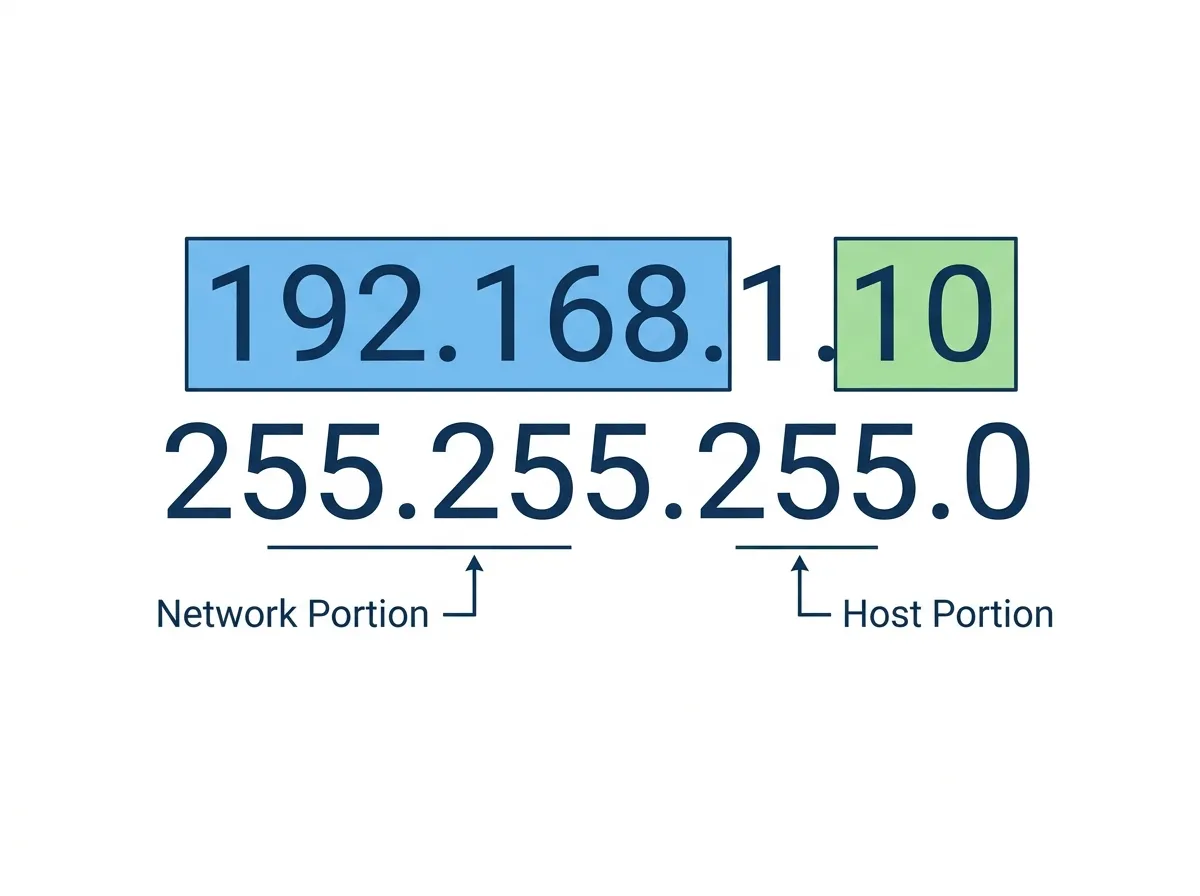 IPv4 address 192.168.1.10 with mask 255.255.255.0, network and host portions color-coded