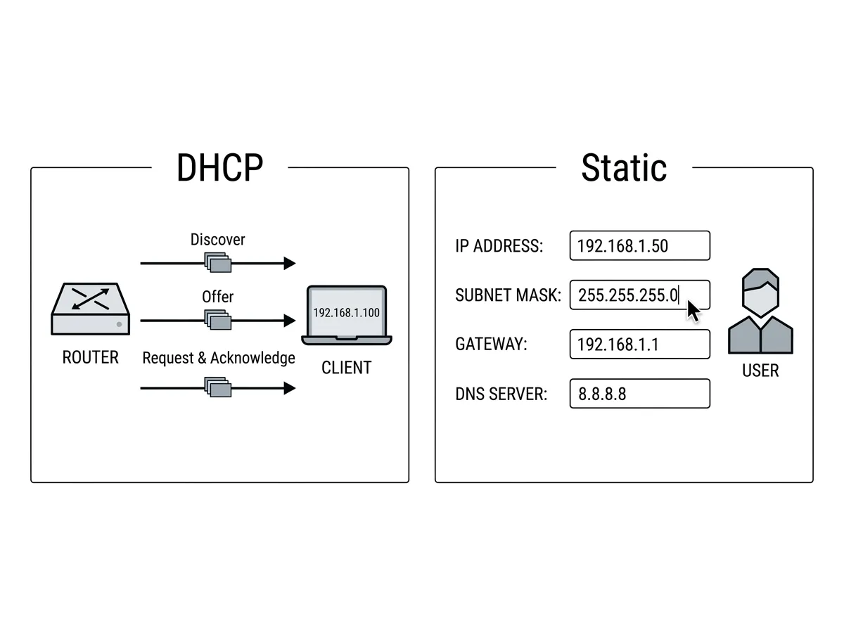 Comparison of DHCP automatic address assignment versus manually entered static configuration