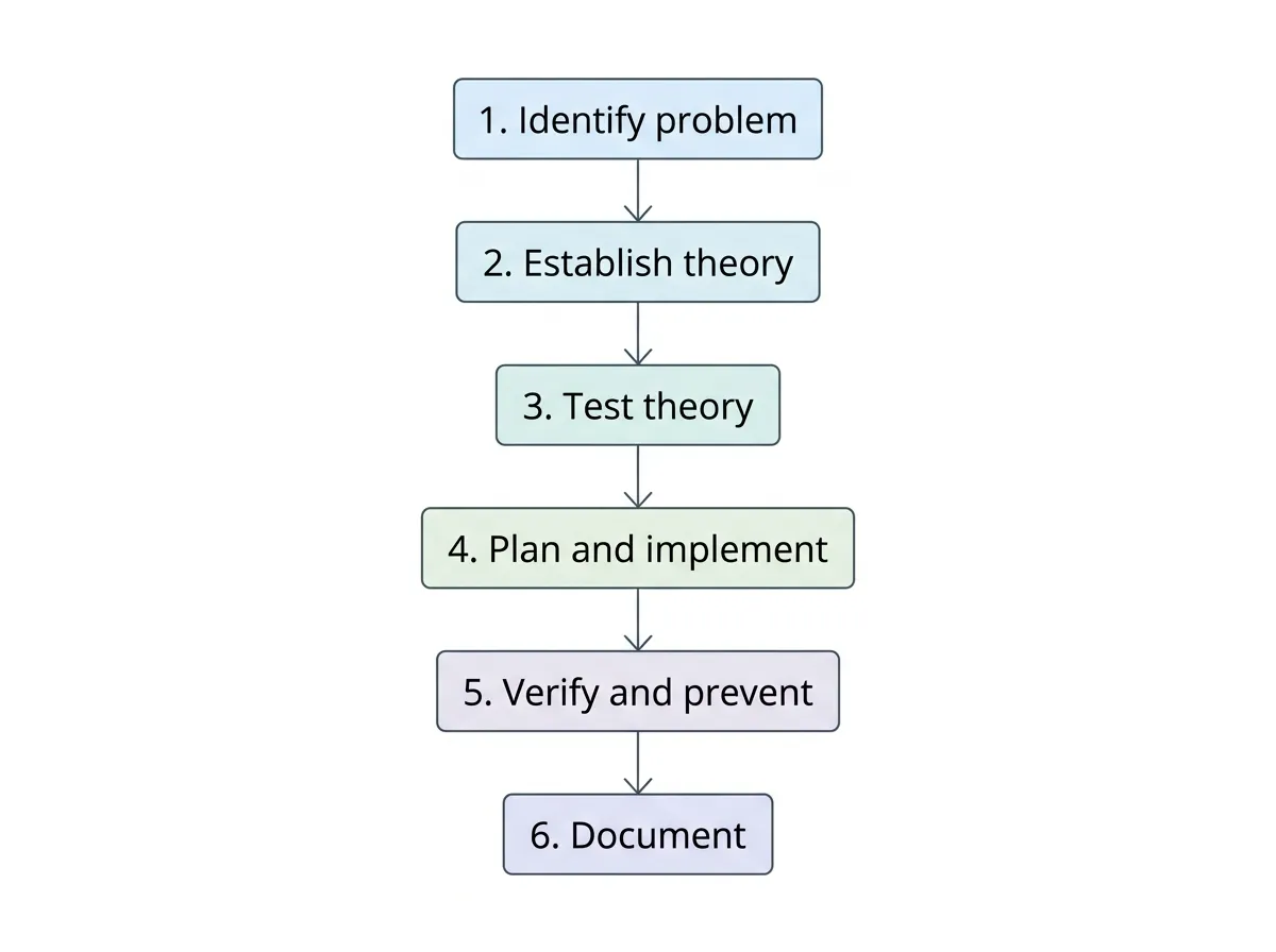 Six-step troubleshooting flowchart from identify problem to document findings
