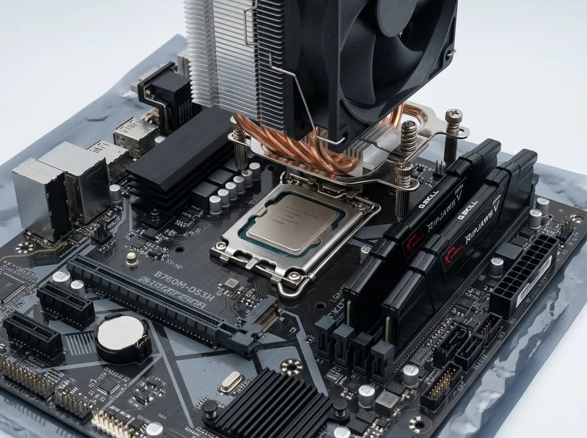 Motherboard populated with CPU, cooler, and two RAM sticks before case mounting