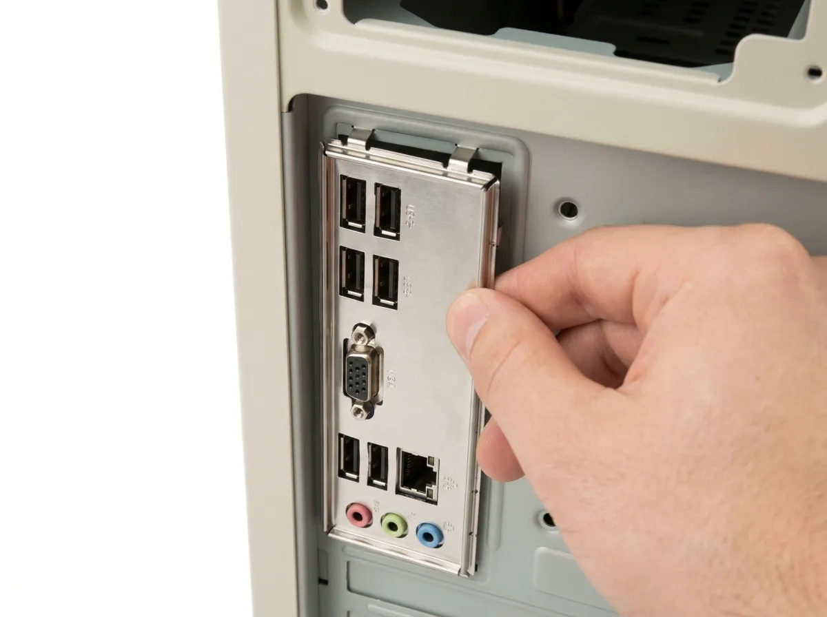 Metal I/O shield with port cutouts snapping into rear opening of PC case