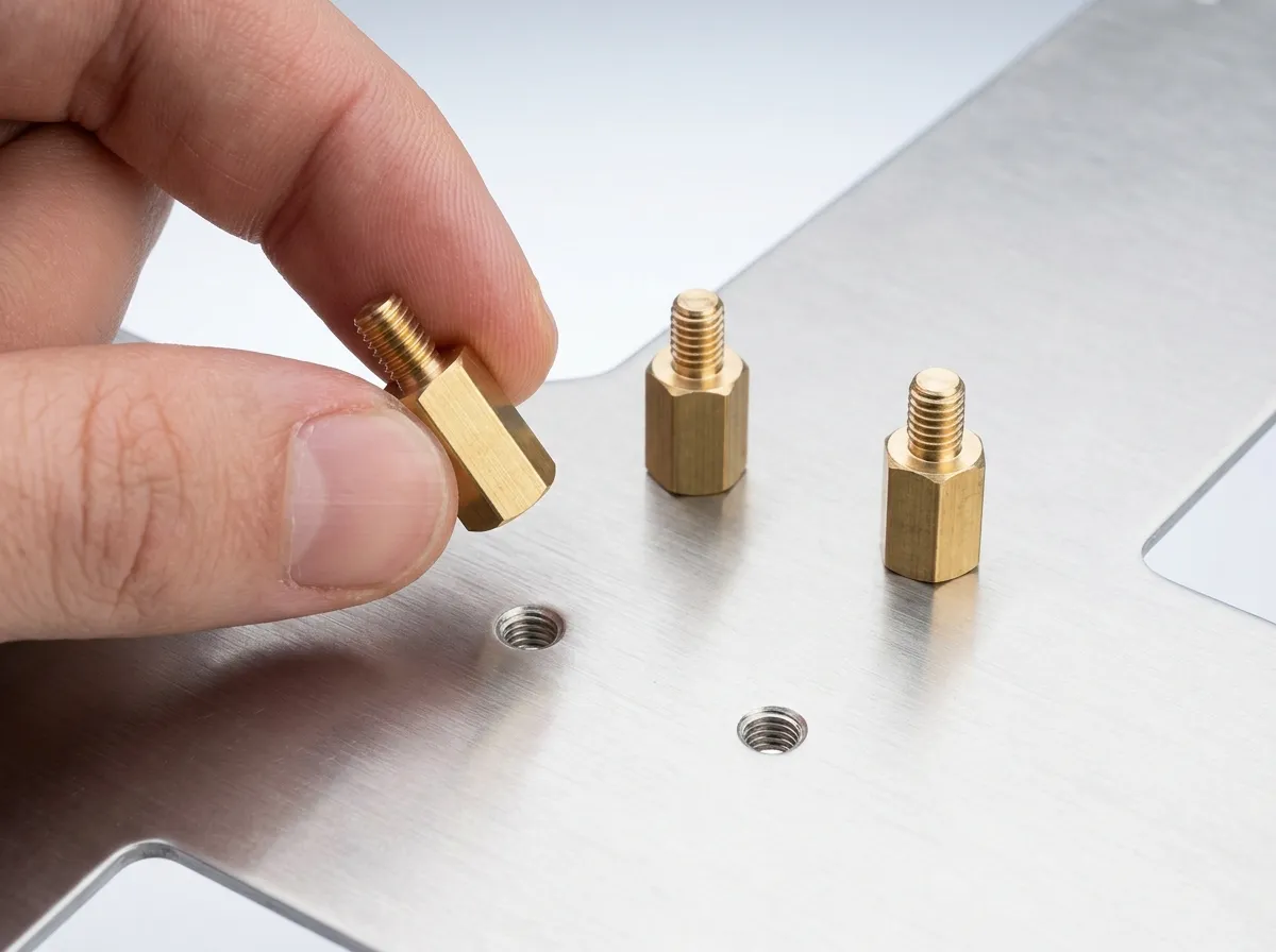 Brass hexagonal standoffs threaded into a PC case motherboard tray