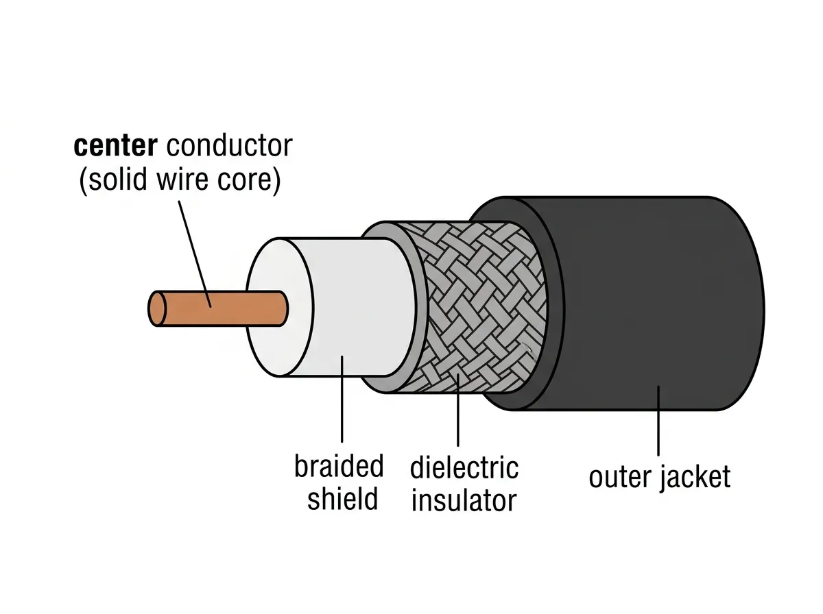 Coax cross-section with center conductor, dielectric, braided shield, and outer jacket labeled