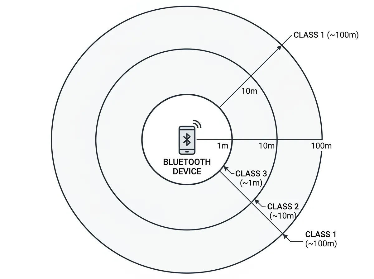 Three Bluetooth power classes shown as range rings: Class 1 100m, Class 2 10m, Class 3 1m