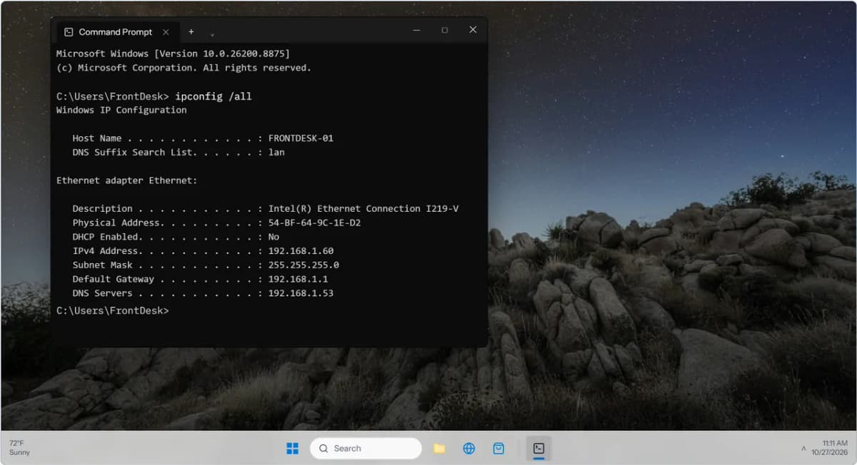 ExamWizardz lab: Command Prompt showing ipconfig /all output with IPv4 address, subnet mask, DHCP status, and DNS servers listed.