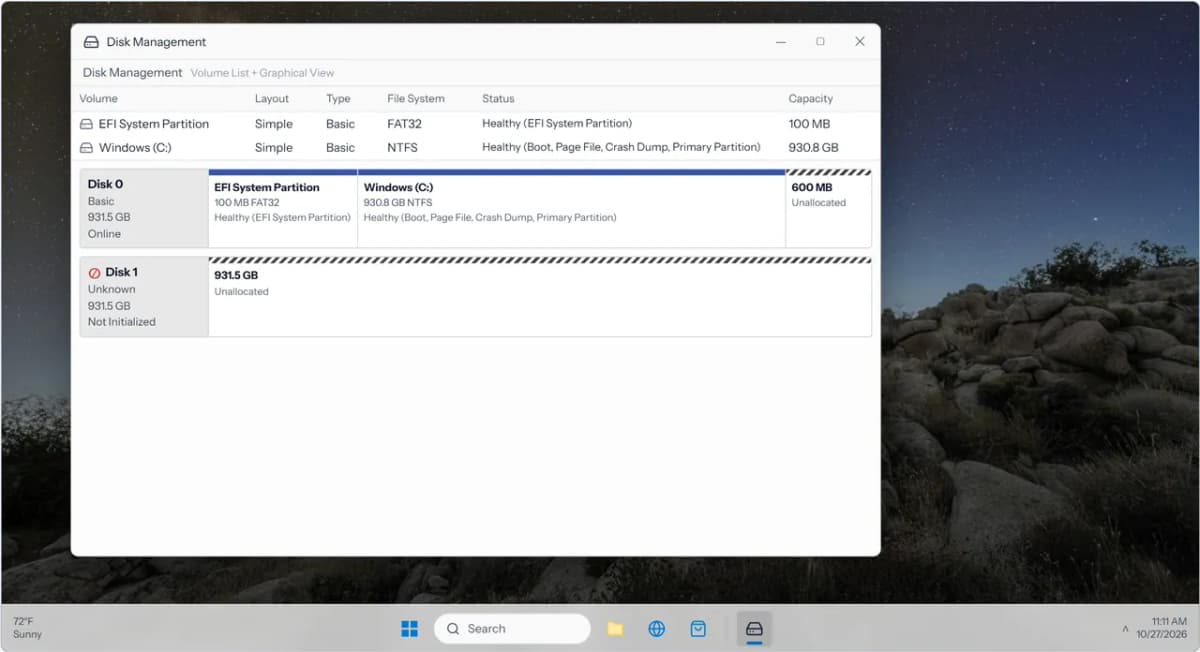 ExamWizardz lab: Disk Management showing disks and volumes, with a disk marked unallocated, partition layout, drive letters, and GPT/MBR status.